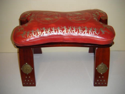 Vintage Egyptian Camel Saddle Foot Rest Stool Ottoman Red Vinyl Cushion