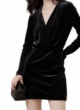 Banana Republic Black Velvet Mini Dress Deep V Long Sleeve Y2K Goth XS NEW NWT