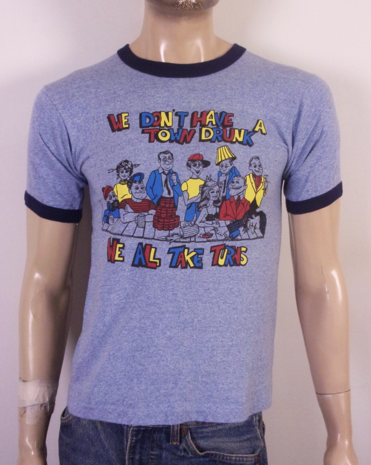 vintage 80s single stitch We Don't Have a Town Drunk T-Shirt Ringer soft thin S