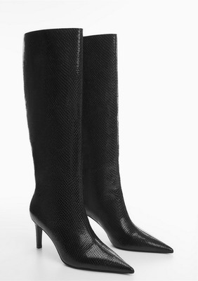 NEW MANGO MNG $149 BLACK SNAKESKIN EFFECT POINTED TALL HEELED BOOTS SZ 36 US 6