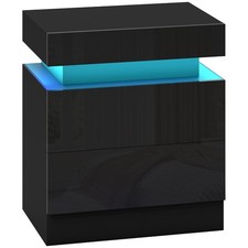 HOMCOM High Gloss Bedside Table with LED Light and 2 Drawers, Black