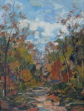 Art Orig Oil Painting RM Mortensen "Afternoon Stroll" Path Trail Trees Abstract