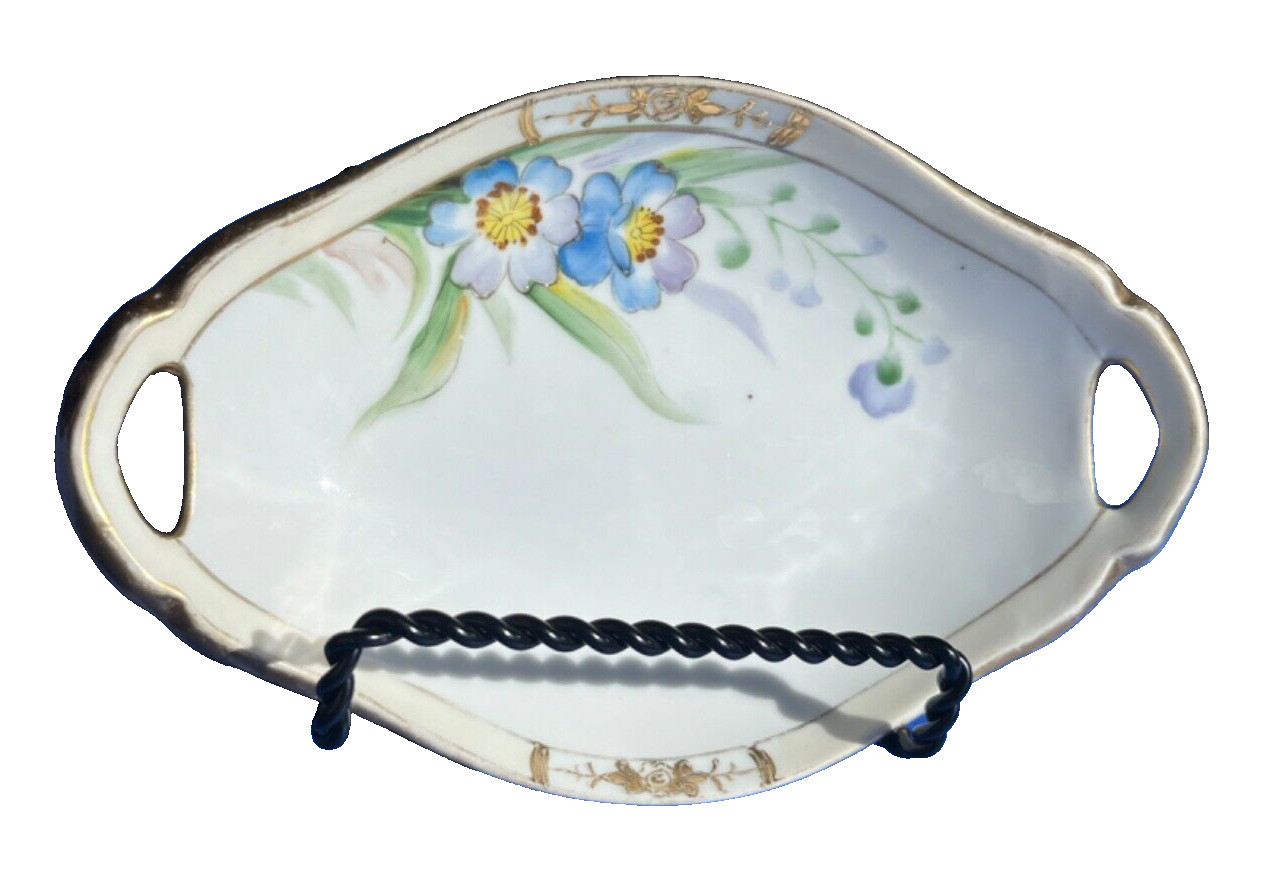 Vintage Nippon Trinket Dish Tray Hand-Painted Porcelain Oval Blue Floral Gold