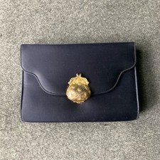 Vtg Saks Fifth Ave Navy Satin Clutch Purse Metal Rhinestone Clasp Chain Strap