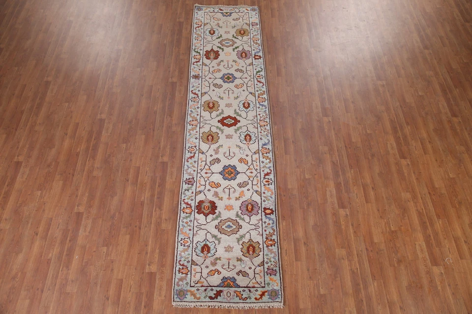 Handmade Transitional Beige Wool Oushak Runner Rug 3x12 Ft Oriental Hallway Rug - Image 3 of 4