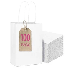100-Packs White Paper Gift Bags with Handles Bulk 4.5"×2.5"×6" Mini Size Gift...