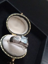 9ct White Gold Aquaramine & Diamond Ring UK Size L. 3.2g Hallmarked 375