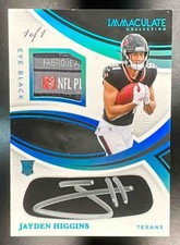 JAYDEN HIGGINS 1/1 RC PATCH AUTO- 2025 Immaculate Eye Black LAUNDRY TAG RPA