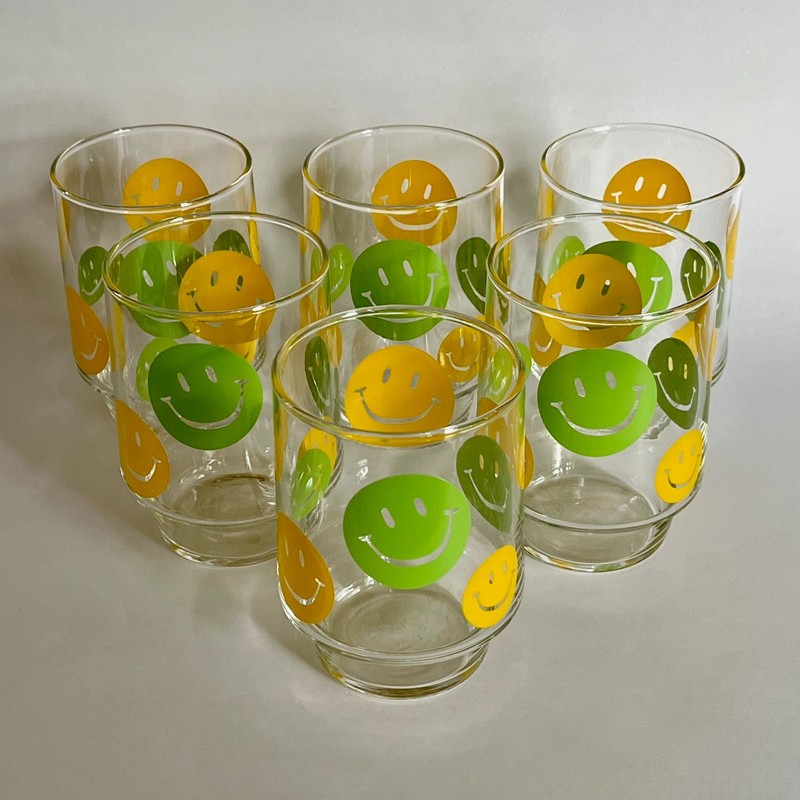 Set 6 Vtg 70s Libbey Green & Yellow Smiley Face Stackable Tumbler Glasses 4 1/4"