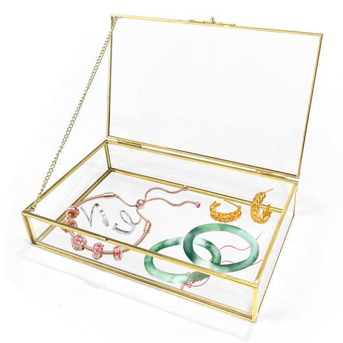 Box Organizer Glass Display Jewelry Gold Vintage With Lid Chain Rectangle - Picture 1 of 7