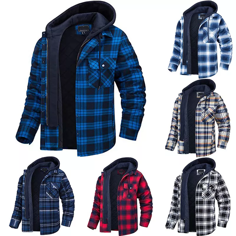 Men Warm Thick Shirt Jacket Quilted Lined Plaid Flannel Hooded Coat  Sweatshirts