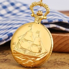 Yellow Golden Sailing Canvas Unisex Quartz Pocket Watch Necklace Pendant Chain