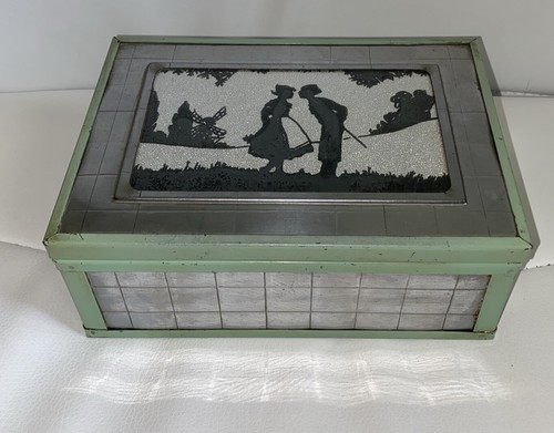 ART DECO CHROMIUM DRESSER JEWELRY BOX SILHOUETTE GREEN METAL WOOD INTERIOR 1920s - Picture 3 of 20