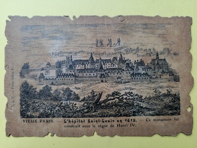 Old postcard leather style parchment PARIS L'HÔPITAL SAINT LOUIS in 1615 Mills