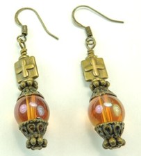 Amber Color Glass Dangle Earrings Bronze Crosses Handmade Chic Jewelry