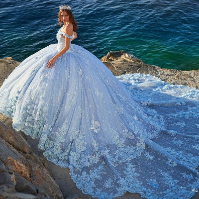 Blue Quinceanera Dresses Ball Gown Lace Applique Beaded Detachable Train Sweet16