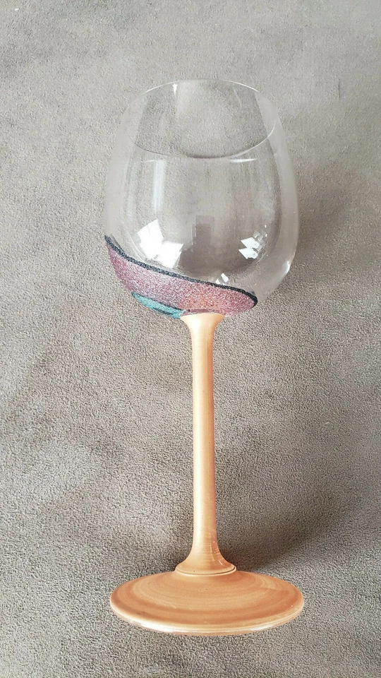 Rare vintage Italian hand painted wine glass with orange stem and circles. 7" - Image 3 of 4