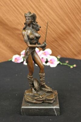 Vitaleh Genuine Bronze Sculpture Female Amazon Warrior Marble Figurine Deco Art