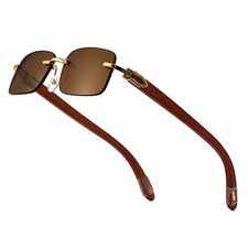 Mens Luxury Brown Tint Rimless Gold Frame Woodgrain Hip Hop Fashion Sunglasses