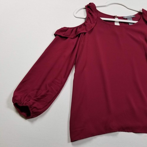 Kate & Mallory Top Women’s Small S Burgundy Long Sleeves Cold Shoulders Romantic - Picture 3 of 11