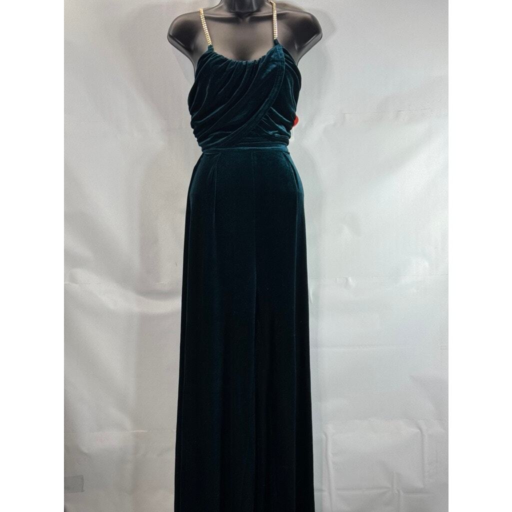 CIDER Womens Green Solid Velvet Chain Strap Scoop Neck Ruched Jumpsuit  SZL(US8)
