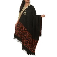 Sanskriti Vintage Black Pure Woollen Shawl Hand Embroidered Long Throw Stole