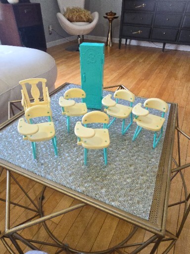 Vintage Barbie School Desk Chairs Lot Of 5 + Rocking Chair And Locker As Is