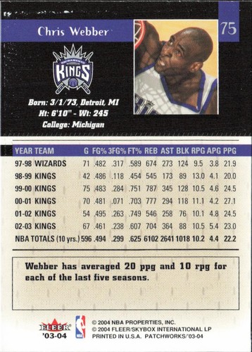 2003-04 Fleer Patchworks #75 Chris Webber - 第 2/2 張圖片