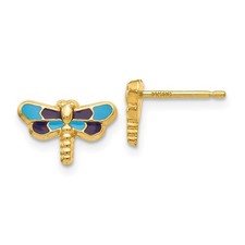 Real 14K Yellow Gold Enameled Dragonfly Earrings; Women Men