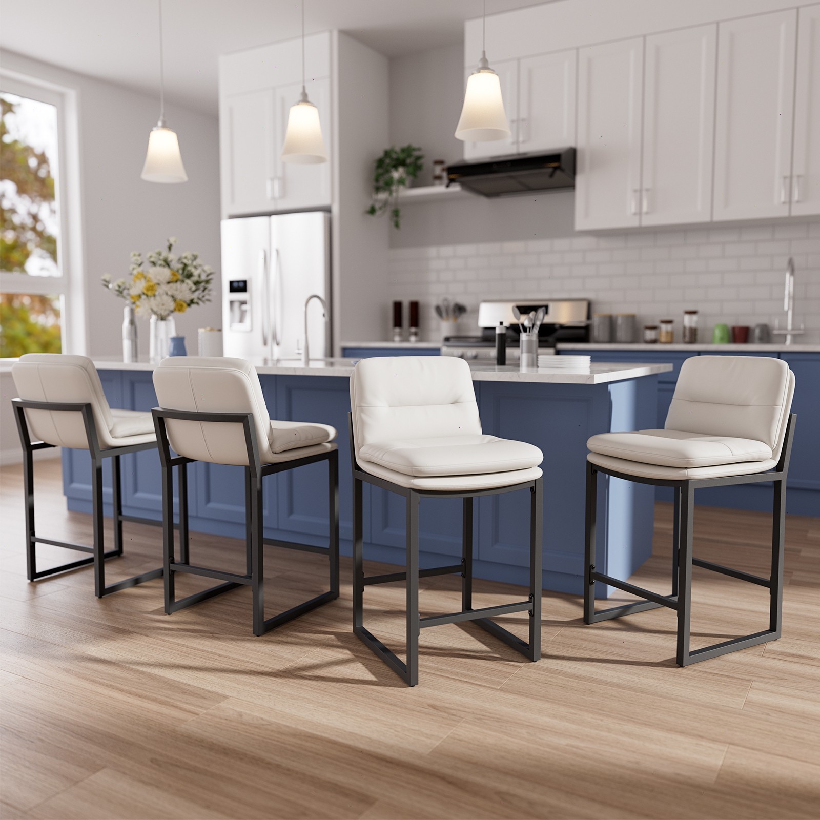 26'' Bar Stools Set of 2/4 PU Leather Counter Height with Back Kitchen Island