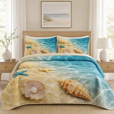 Quilt Set Twin Size, Summer Beach Seashell 2 Pcs Soft Bed Cover Bedding Set f...