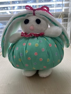 Vintage Puffy Easter Bunny Decor With Pastel Polkadots And Pink Bow ￼