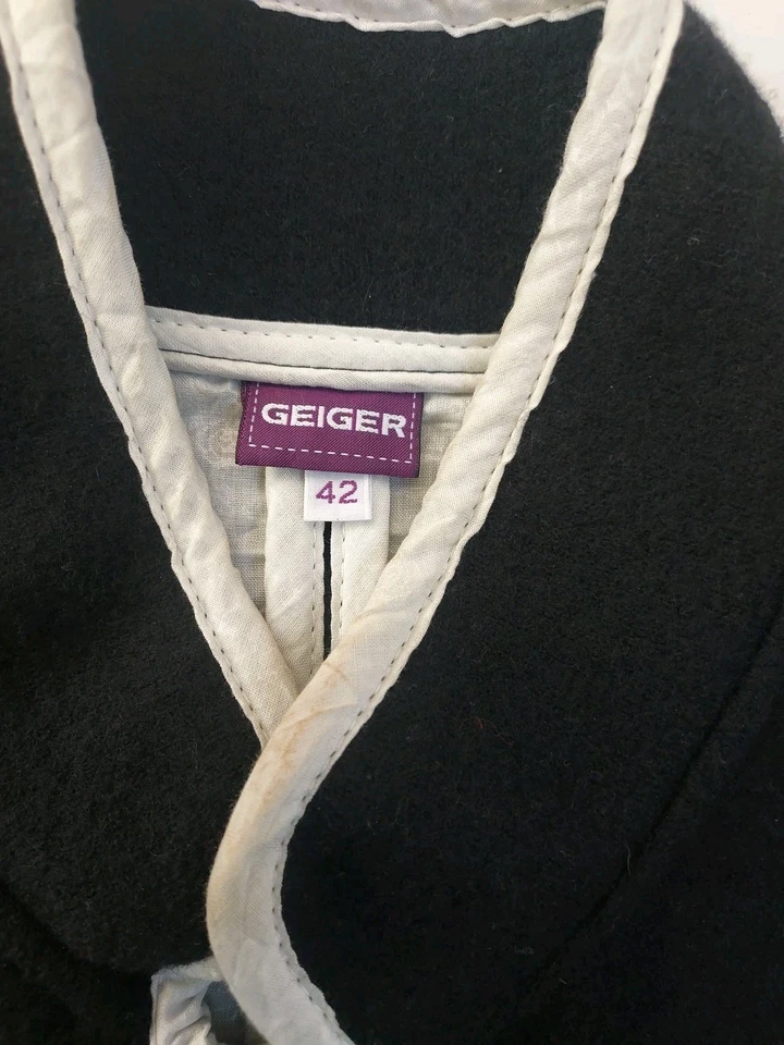 Ladies GEIGER Black W/White Trim Boiled Wool Sweater Jacket Austria Size 42 - Image 2 of 4