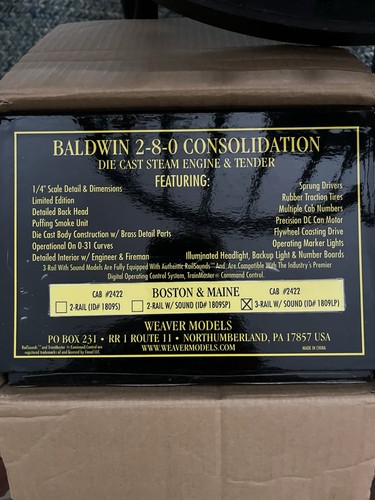 Weaver Escala O Baldwin 2-8-0 Boston Maine Consolidation Steam Eng. 3 rieles #2422 | Zustand: New