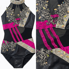 Glamour solo dance costume hot pink black embellished rhinestone bling LC child