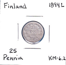 1894L Finland 25 Pennia (KM-6.2)  .0307 ASW Silver!!! [Alexander III]