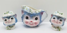 Lefton 1950s Miss Priss Blue Cat Salt & Pepper Shakers #1511 & Creamer #1508 Set