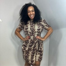 Vintage Silk Neutral Snakeskin Short Sleeve Wrap Dress Animal Print Date Night