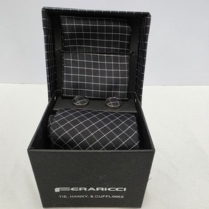 Feraricci Mens Tie Hanky Cufflinks Set Black White Grid Plaid Formal #30