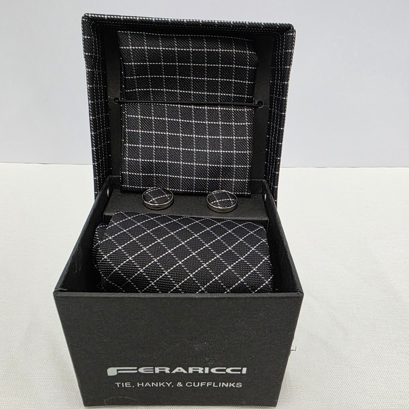 Feraricci Mens Tie Hanky Cufflinks Set Black White Grid Plaid Formal #30