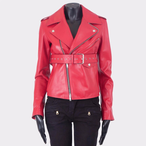 Celine Inspired Red Calfskin Leather Biker Jacket Belted Motorcycle Moto Coat