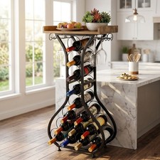 Wine Rack Free Standing Wooden Table Top Black Metal Wine Rack 14 Bottle Holder