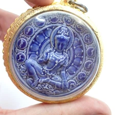 Thai BLUE GANESH porcelain amulet pendant Buddhist meditation bead gold Asian