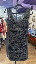 Vintage Vera Wang Black Metallic Fringe Dress w/ Rhinestone Brooch Shoulders
