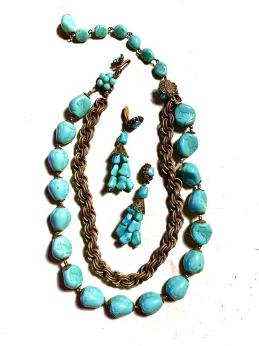 Miriam Haskell Vintage Glass Turquoise Bead & Brass Necklace, Signed. +Earrings