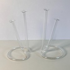 Pair Vtg Clear Art Glass Hand Blown Twisted Tube Double Bud Vases Heart Shape
