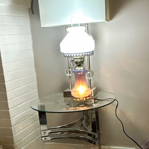 Silver & Clear Metal Glass Table Lamp, White Drum Shade, Corded Wall Switch