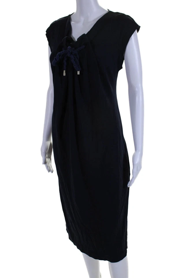 Vestido midi para mujer tallado cuello barco sin mangas línea A bolsillos azul marino talla S Foto 2 de 4