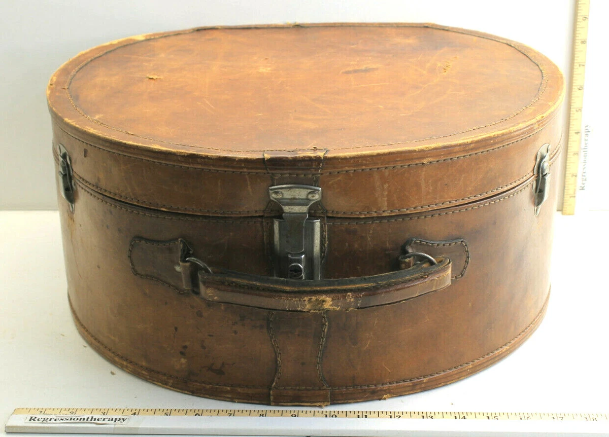 17x18x8 Antique Vintage Leather Bound Hat Bonnet Travel Case Luggage