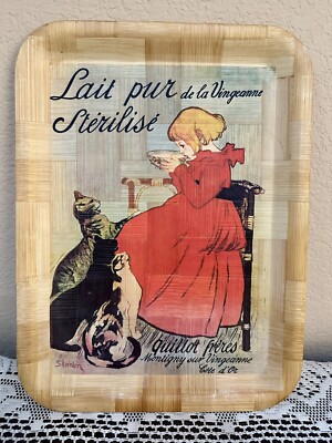 Vintage Theophile Steinlen Lait Pur Sterlise Cats Bamboo Serving Tray 16  X 12 